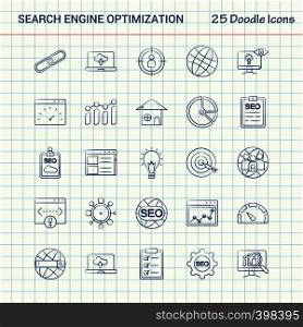 Search Engine Optimization 25 Doodle Icons. Hand Drawn Business Icon set