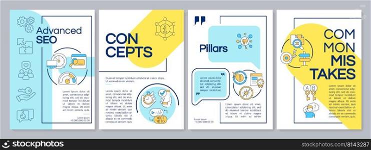 Search engine optimization blue and yellow brochure template. Leaflet design with linear icons. Editable 4 vector layouts for presentation, annual reports. Questrial, Lato-Regular fonts used. Search engine optimization blue and yellow brochure template