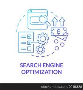 Search engine optimization blue gradient concept icon. Online entrepreneur skill abstract idea thin line illustration. SEO in marketing. Online content. Vector isolated outline color drawing. Search engine optimization blue gradient concept icon