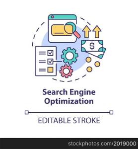 Search engine optimization concept icon. Online entrepreneur skill abstract idea thin line illustration. Increasing website visibility. Vector isolated outline color drawing. Editable stroke. Search engine optimization concept icon