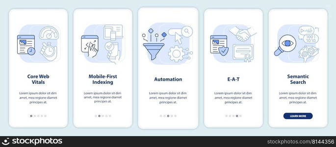 Search engine optimization concepts light blue onboarding mobile app screen. Walkthrough 5 steps editable instructions with linear concepts. UI, UX, GUI template. Myriad Pro-Bold, Regular fonts used. Search engine optimization concepts light blue onboarding mobile app screen