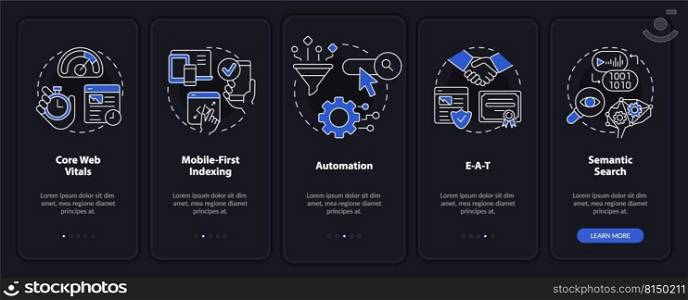 Search engine optimization concepts night mode onboarding mobile app screen. Walkthrough 5 steps editable instructions with linear concepts. UI, UX, GUI template. Myriad Pro-Bold, Regular fonts used. Search engine optimization concepts night mode onboarding mobile app screen