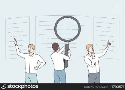 Search engine optimization for business sketch. Business people looking in details at business indicators analyzing information data vector illustration . Search engine optimization for business sketch