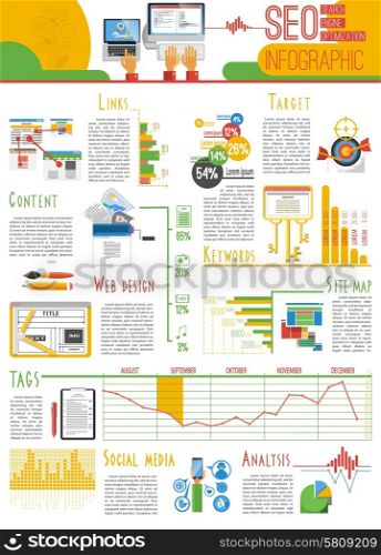 Search engine optimization for web pages visibility results and analysis infograhic report presentation poster abstract vector illustration. Seo infograhic report poster