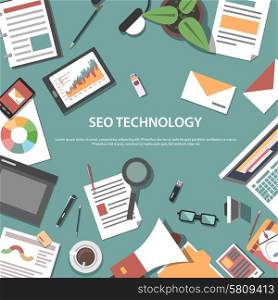 Search engine optimization internet technology web concept pictograms composition webpage poster print flat abstract vector illustration. Search engine optimization web concept