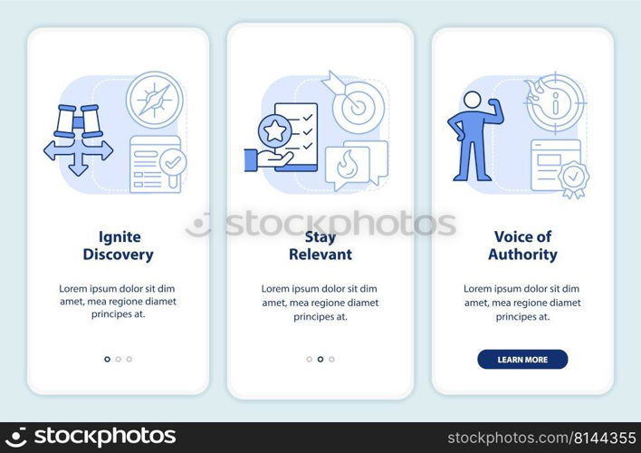 Search engine optimization pillars light blue onboarding mobile app screen. Walkthrough 3 steps editable instructions with linear concepts. UI, UX, GUI template. Myriad Pro-Bold, Regular fonts used. Search engine optimization pillars light blue onboarding mobile app screen