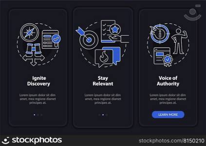 Search engine optimization pillars night mode onboarding mobile app screen. Walkthrough 3 steps editable instructions with linear concepts. UI, UX, GUI template. Myriad Pro-Bold, Regular fonts used. Search engine optimization pillars night mode onboarding mobile app screen