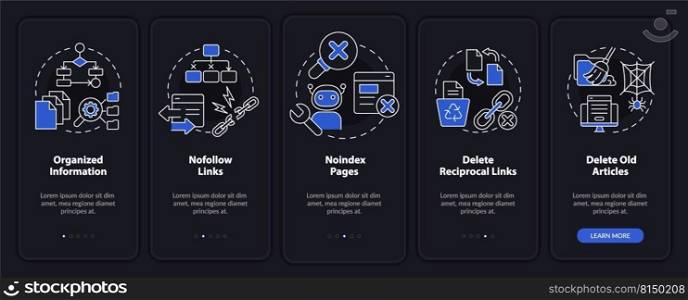 Search engine optimization principle night mode onboarding mobile app screen. Walkthrough 5 steps editable instructions with linear concepts. UI, UX, GUI template. Myriad Pro-Bold, Regular fonts used. Search engine optimization principle night mode onboarding mobile app screen