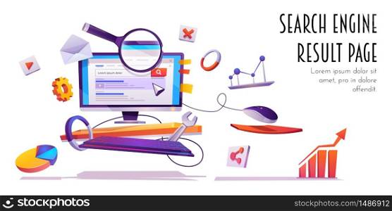 Search engine result page, SERP banner. Computer monitor with website browser information on screen, magnifying glass and infographic elements, internet surfing algorithm, Cartoon vector illustration. Search engine result page, SERP cartoon banner.