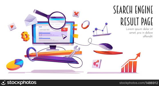 Search engine result page, SERP banner. Computer monitor with website browser information on screen, magnifying glass and infographic elements, internet surfing algorithm, Cartoon vector illustration. Search engine result page, SERP cartoon banner.