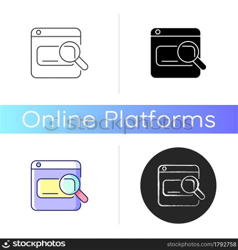 Search engines icon. Looking up information on Internet. Using keywords, phrases. Online tool. User search query. Scanning websites. Linear black and RGB color styles. Isolated vector illustrations. Search engines icon