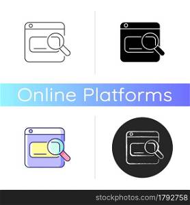 Search engines icon. Looking up information on Internet. Using keywords, phrases. Online tool. User search query. Scanning websites. Linear black and RGB color styles. Isolated vector illustrations. Search engines icon