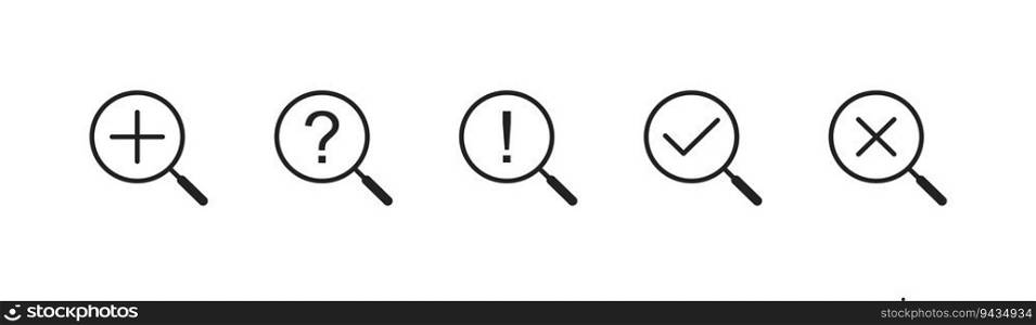 Search find icon set. Discovery concept. Zoom symbol. Plus, question,  check signs. Vector illustration.