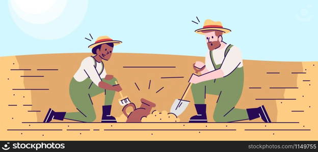 Search for ancient artifacts flat vector illustration. Archaeological excavations. Treasure hunters. Archaeologists in working process. Man and woman studying lost civilization cartoon characters