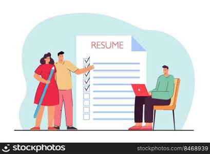Search for candidate for open company position. Applicant filling resume for vacancy. CV preparing for interview. Recruitment, employment concept. Flat cartoon vector illustration. 