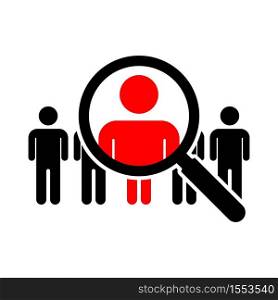 Search for people with magnifying glass vector icon, seek talent worker concept symbol isolated illustration