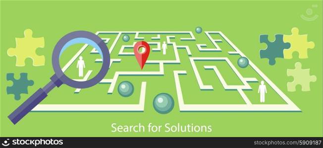 Search for solution labyrinth, maze, puzzle concept with business people. Concept in flat design style. Can be used for web banners, marketing and promotional materials, presentation templates