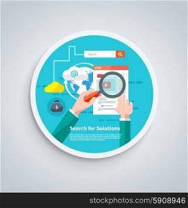 Search for solutions infographics. Hand holding classic styled magnifying glass and analyze website in flat design style on round banner. Search for solutions infographics banner