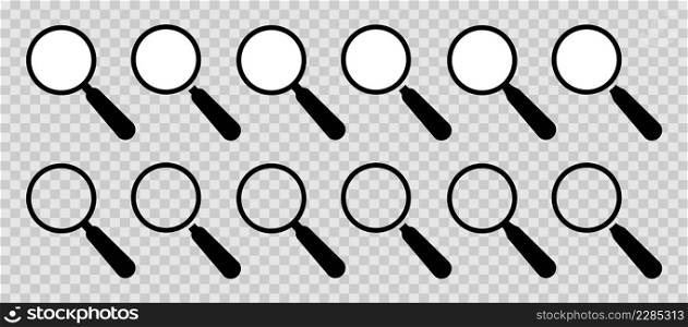 Search glass icons. Magnify glass icons. Pictogram of magnifying lupes. Symbol for find, zoom and seek. Outline magnifier. Tools isolated on transparent background. Vector.
