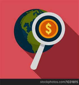 Search global money icon. Flat illustration of search global money vector icon for web design. Search global money icon, flat style