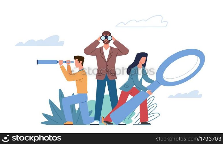 Search goal. Right idea and decisions quest, different point of view, business team strategy vision, people watching binocular, magnifier and spyglass. Flat cartoon isolated characters vector concept. Search goal. Right idea and decisions quest, different point of view, business team strategy vision, people watching binocular, magnifier and spyglass. Flat cartoon isolated vector concept