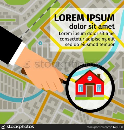 Search house vector illustration. Man hand holding magnifying glass and looking for a house on map. Search house on map