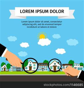 Search house with loupe banner concept, vector illustration. Search house with loupe banner concept