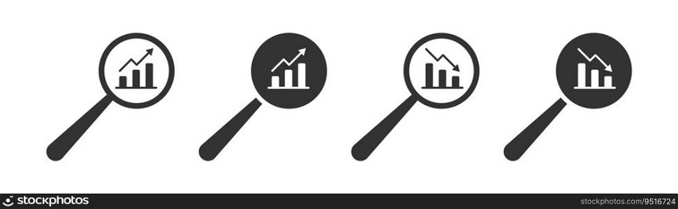 Search icons. Graph going up and down. Report graph or sales growth sign in magnifying glass. Vector illustration.