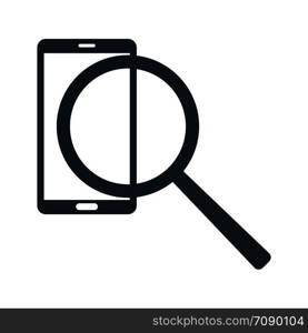 Search information in phone. Magnifier and phone icon. Vector illustration isolated on white background.