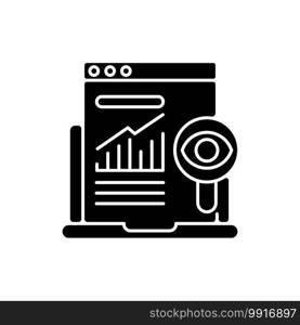 Search marketing black glyph icon. Process of acquiring people traffic or customers with using of different search engines. Silhouette symbol on white space. Vector isolated illustration. Search marketing black glyph icon