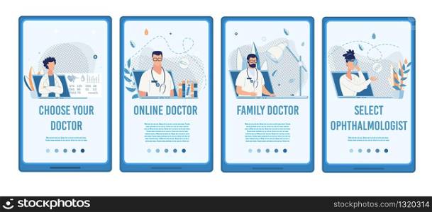 Search Medical Specialist Online Mobile Service Social Media Set. Select Doctor for Treatment, Maintaining Health and Scheduled Checkup. Cartoon Design in Floral Style. Vector Flat Illustration. Search Medical Specialist Mobile Social Media