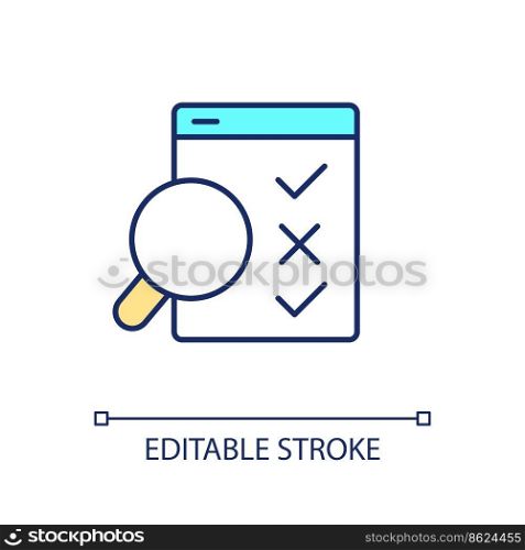 Search mistake RGB color icon. Find problem. Identify flaws. Checkup and audit. Checklist with undone task. Isolated vector illustration. Simple filled line drawing. Editable stroke. Arial font used
. Search mistake RGB color icon