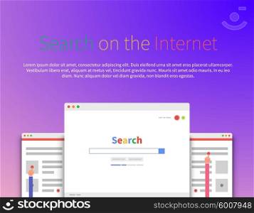 Search on the internet web page design. Search bar, search engine, computer search, website menu, button interface, online communication, www frame computer illustration