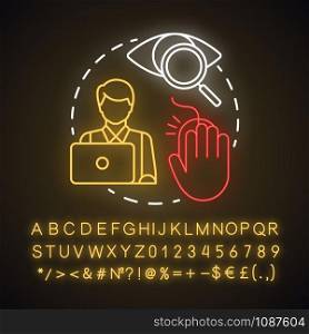 Search online neon light concept icon. Searching for information on Internet. Secretary, assistant. Work at computer idea. Glowing sign with alphabet, numbers and symbols. Vector isolated illustration