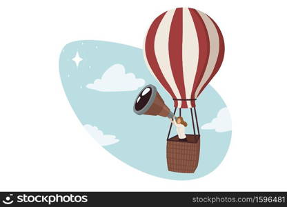 Search opportunity, business, discovery concept. Young confident clerk manager motivated businesswoman leader cartoon character looking at telescope on hot air balloon. Leadership and goal aspiration.. Search opportunity, business, discovery concept