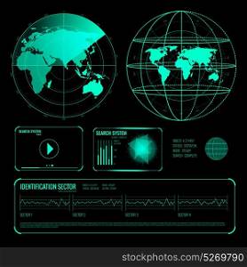 Search Radar Screen Blue Elements Set. Set of glowing screen elements of search radar in blue color on black background isolated vector illustration