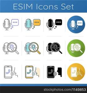 Search request icons set. Microphone using modes. Modern audio equipment. Audio control application. Music recording technology. Linear, black and color styles. Isolated vector illustrations