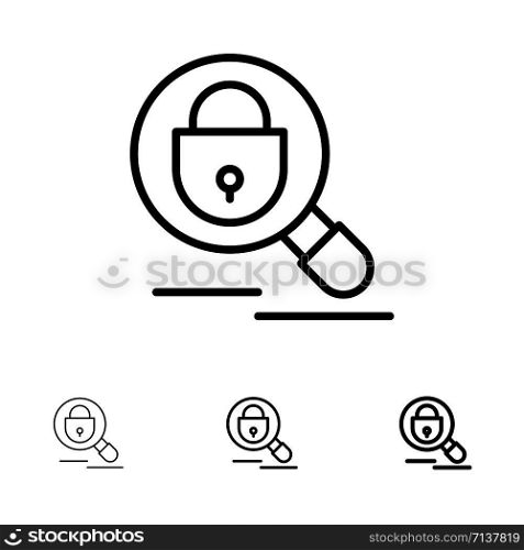Search, Research, Lock, Internet Bold and thin black line icon set