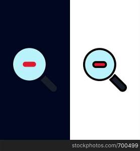 Search, Research, Zoom Icons. Flat and Line Filled Icon Set Vector Blue Background