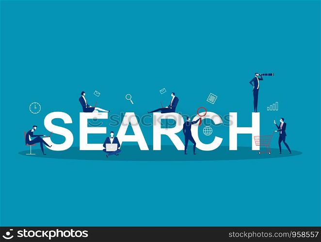 Search results vector illustration. Online business and technology to display pages in response to query by searcher. Stylized team to advertise