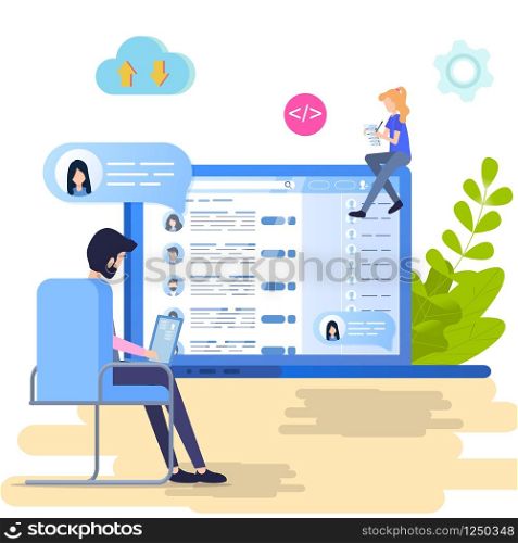 Search Social Personal Profile Vector Illustration. Man look, Analyz Social Media Id for Hiring Employee. Female Manager Update and Review Recruit List. People Data stored at Cloud Storage. Search Social Personal Profile Vector Illustration