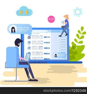 Search Social Personal Profile Vector Illustration. Man look, Analyz Social Media Id for Hiring Employee. Female Manager Update and Review Recruit List. People Data stored at Cloud Storage. Search Social Personal Profile Vector Illustration