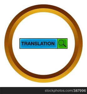Search translation vector icon in golden circle, cartoon style isolated on white background. Search translation vector icon