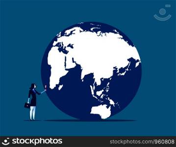 Searching. A businesswoman looking globe with magnifying. Concept business illustration. Vector.