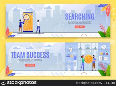 Searching and Team Success Cartoon Banner Set. Investment Search Development, Effective Workflow and Teamwork Improvement. Office Interior and Cityscape Backdrop. Vector Entrepreneurship Illustration. Searching and Team Success Cartoon Banner Set