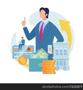 Searching Business Loan Offer, Bank Investments Proposal, Refinancing Opportunity Flat Vector Concept. Businessman, Business Owner with Laptop, Bank Building, Money in Wallet, Credit Card Illustration