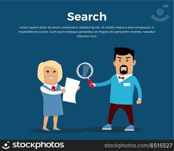 Searching Concept Banner Flat Vector Illustration. Searching concept banner. Flat design. Information searching vector. Picture for web design, data processing illustrating. Man with magnifier and woman with document standing on blue background.