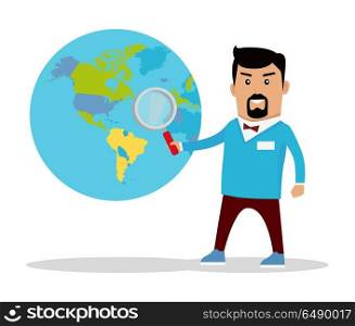 Searching Concept Flat Vector Illustration. Man with loupe standing near the globe with political map. Flat design. Information searching concept vector illustration. Global politics, breaking news, environment, concept. On white background.