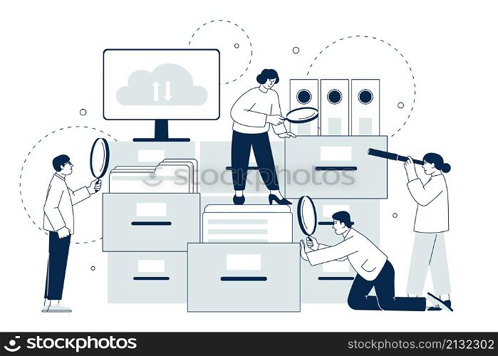 Searching file document. Data files search, people looking documents in computer. Organization and filing concept, office teamwork recent vector scene. Data document information illustration. Searching file document. Data files search, people looking documents in computer. Organization and filing concept, office teamwork recent vector scene