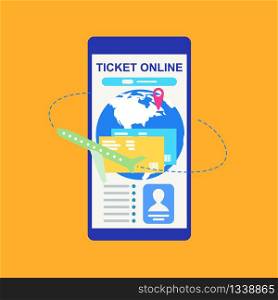 Searching Flight Schedules, Booking Airline Tickets Online with Mobile Application Flat Vector Concept. Passenger Airliner Flying around Globe, Travel Destination Pin on Cellphone Screen Illustration